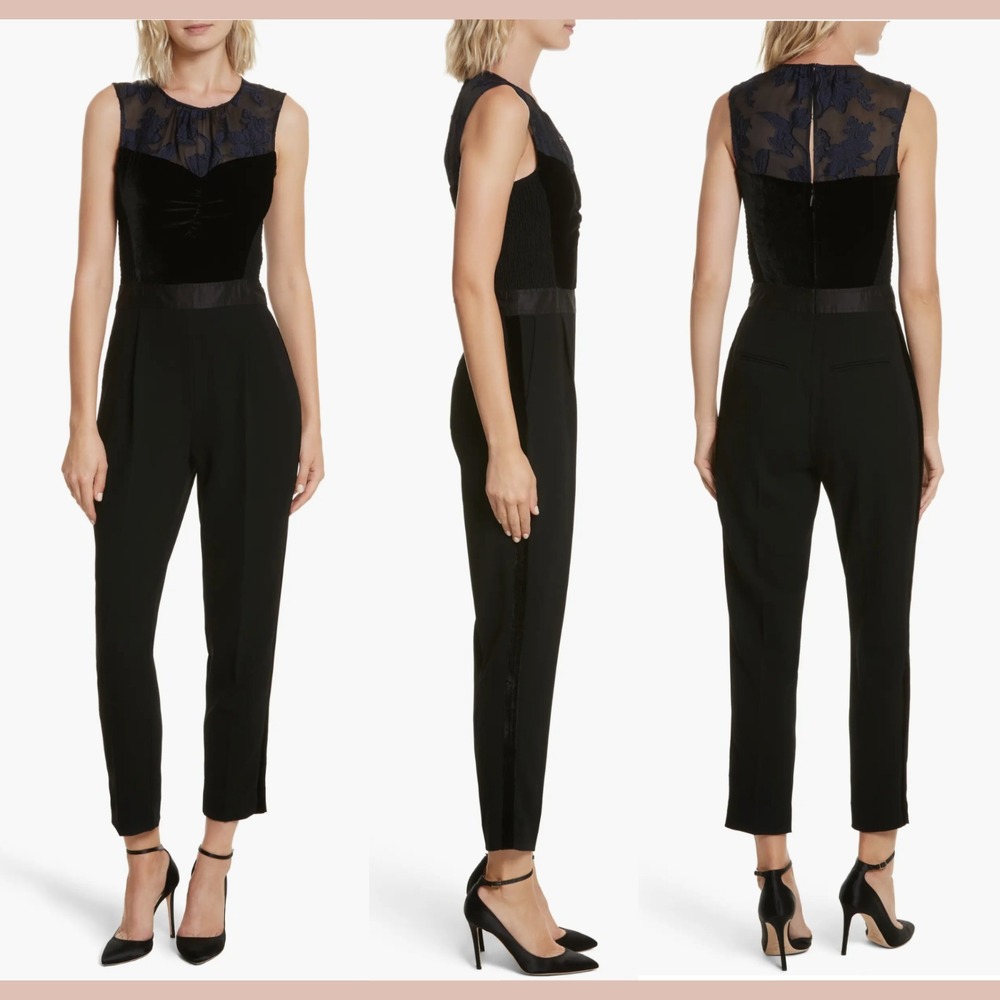 NWT$525 Rebecca Taylor [ 6 ] Velvet & Organza Floral Jumpsuit Violet Black Q1260
